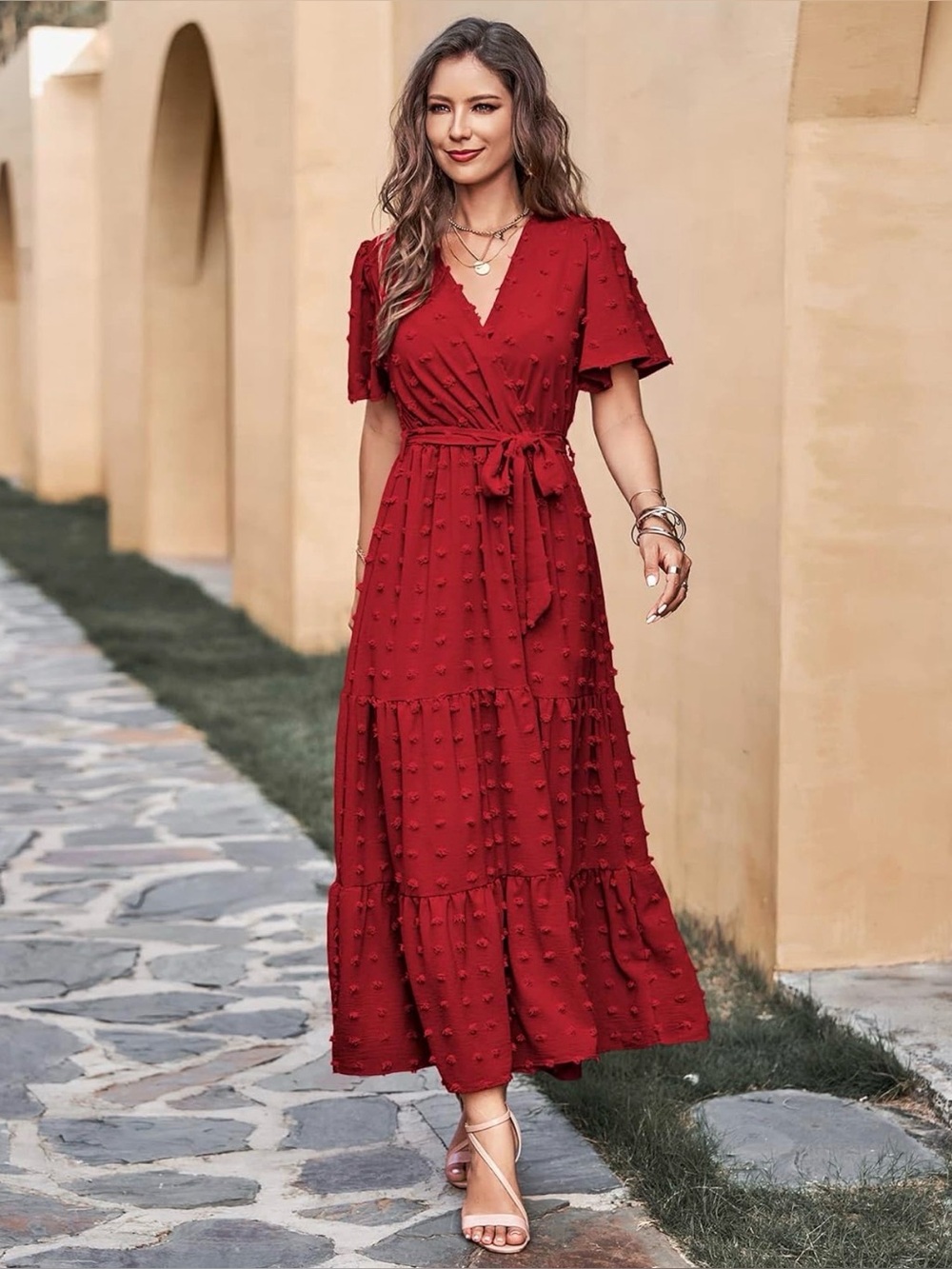 Women's Red Tiered Wrap Maxi Dress Size XL